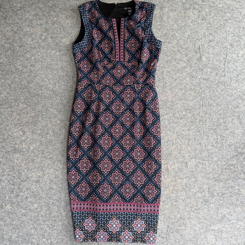 Maggy London Dress Womens 4 Blue Geometric Print Sheath Sleeveless Midi Length